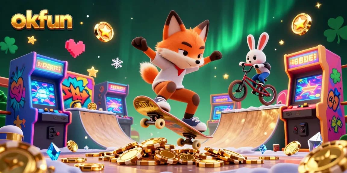 Spin and win with okfun in this vibrant casino adventure featuring animated foxes and arcade elements.