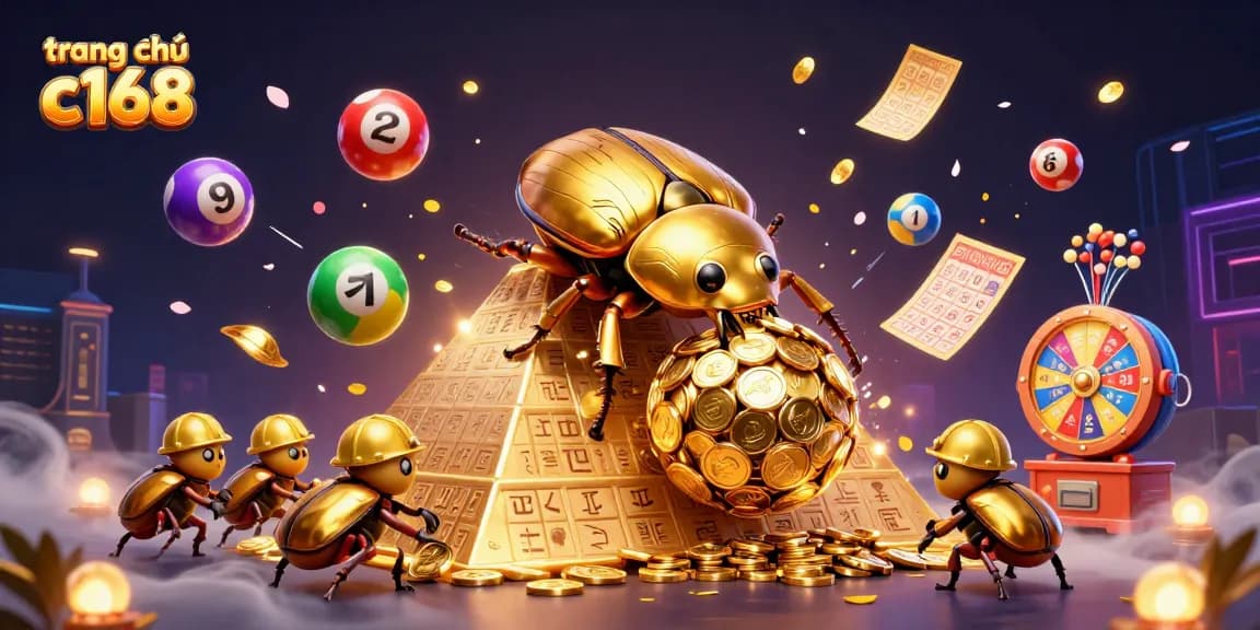 Engage with the vibrant scene at trang chủ c168, featuring golden beetles and casino elements.