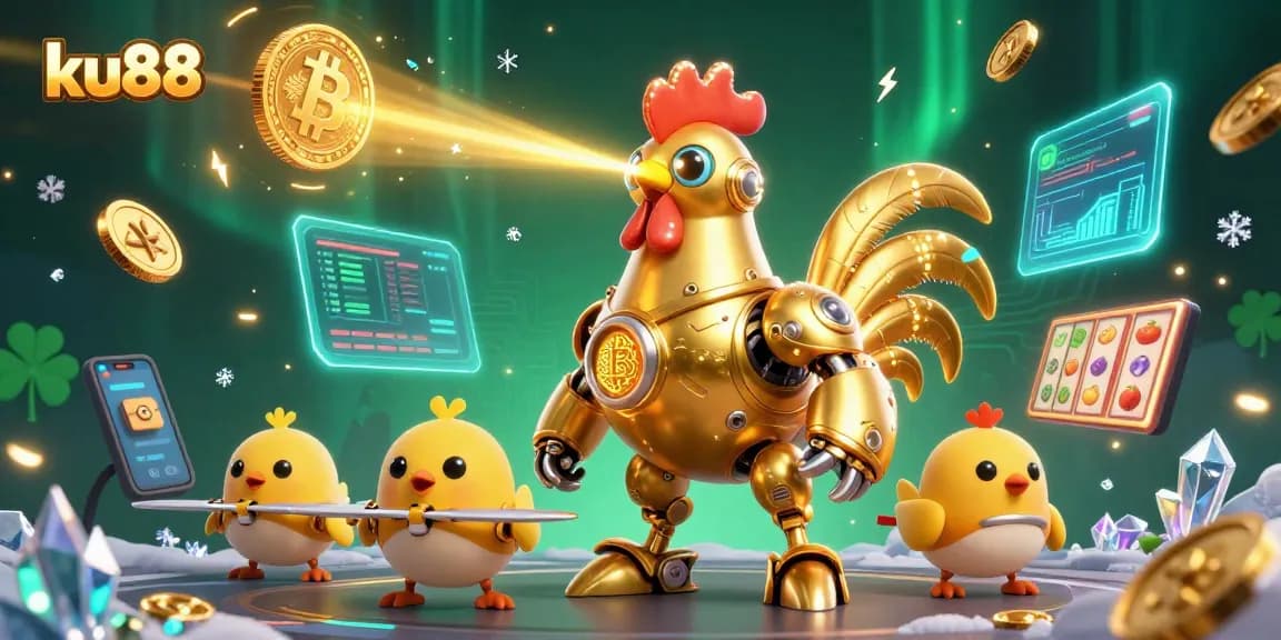 Experience thrilling gaming adventures with ku88's vibrant casino illustration featuring crypto elements and more.