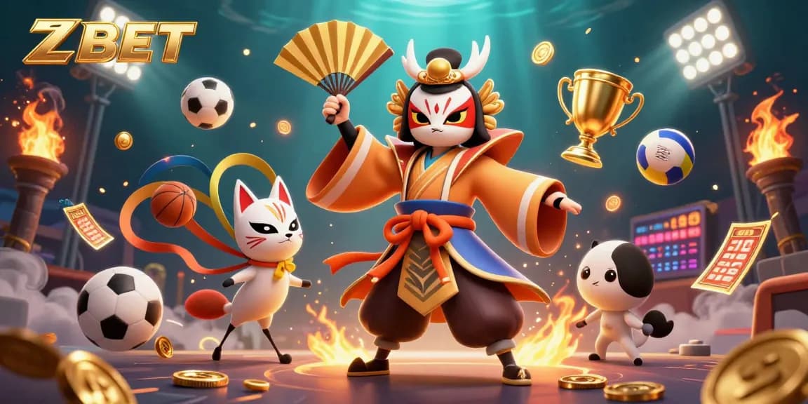 ZBET sports betting illustration featuring dynamic gambling elements and lively characters for an engaging experience.
