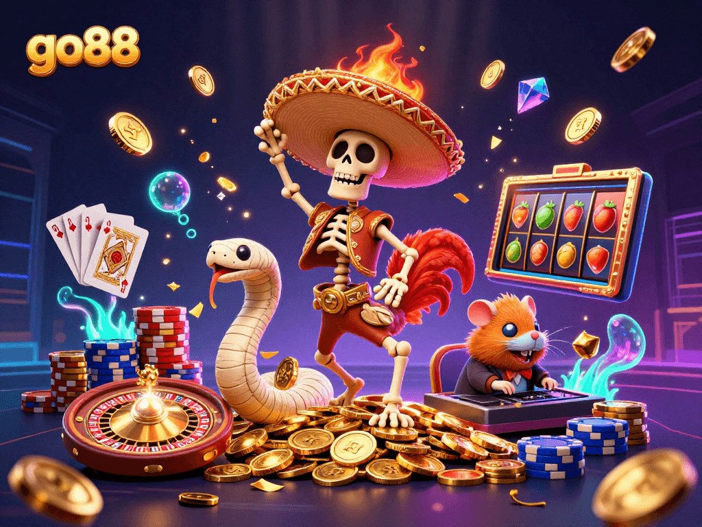 Join the excitement with go88, featuring a vibrant 3D casino scene with animated characters and lively game elements.