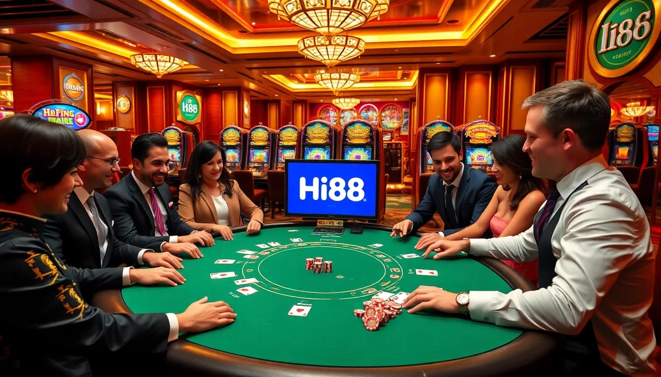 Engaging scene at Hi88 casino with players celebrating wins at the poker table and vibrant slot machines.