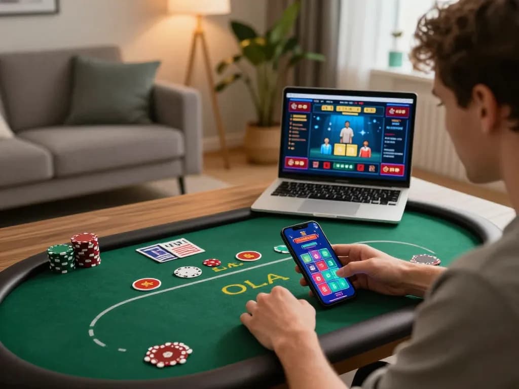 Engaging in online gaming on Trang chủ MM88, a user interacts with mobile poker while cozy at home.