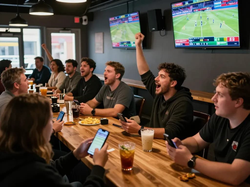 Soi kèo bóng đá action as fans place live bets at a vibrant sports bar during a game.