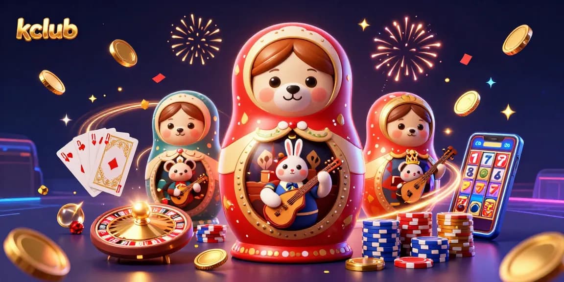 Experience the thrills at kclub with vibrant 3D characters surrounded by casino elements.