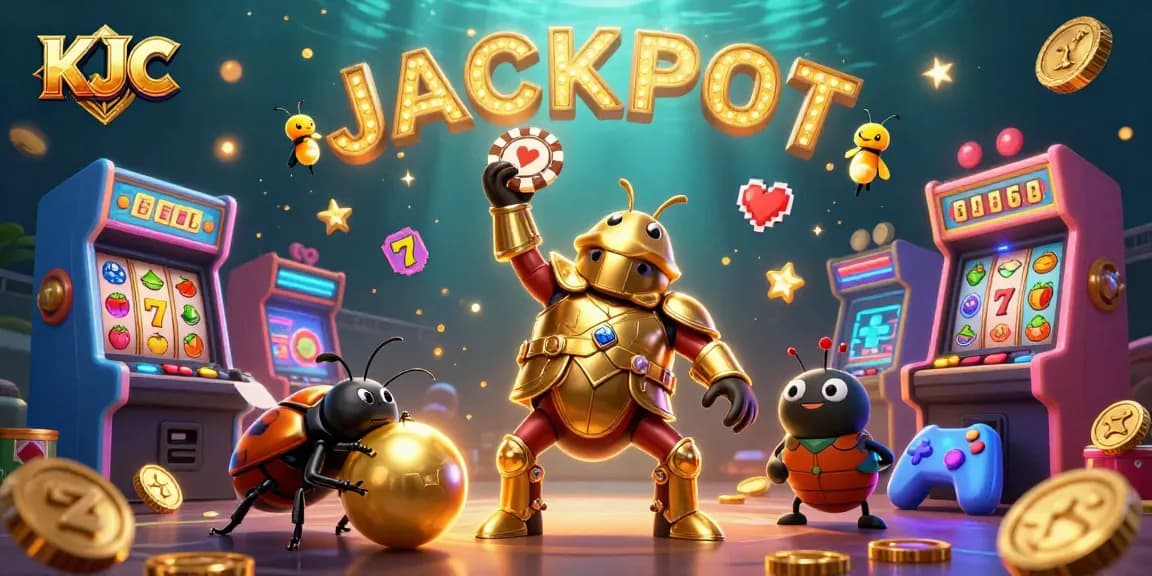 KJC celebrates a thrilling jackpot moment with a heroic beetle and vibrant gambling elements.