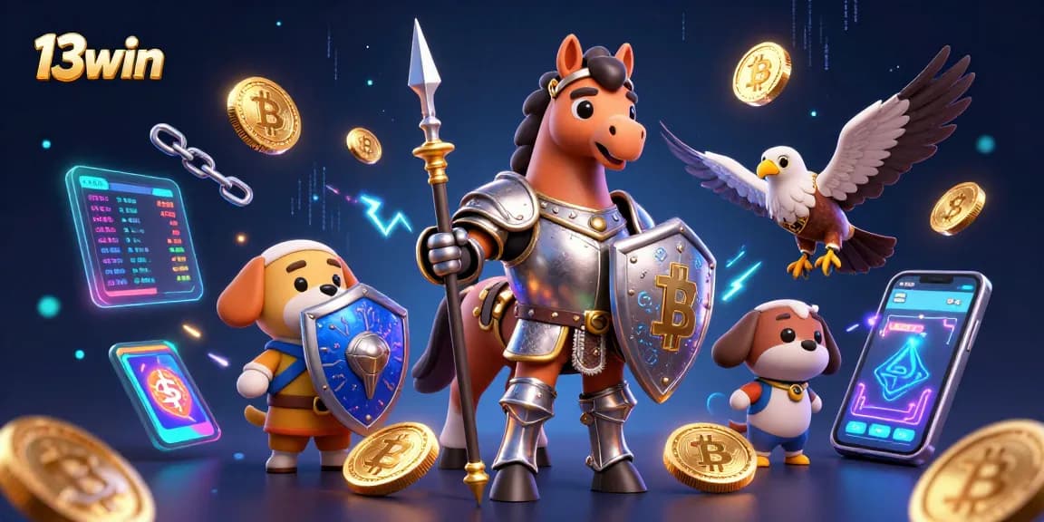 Engage with 13win's exciting gaming universe featuring knights, coins, and vibrant casino elements.