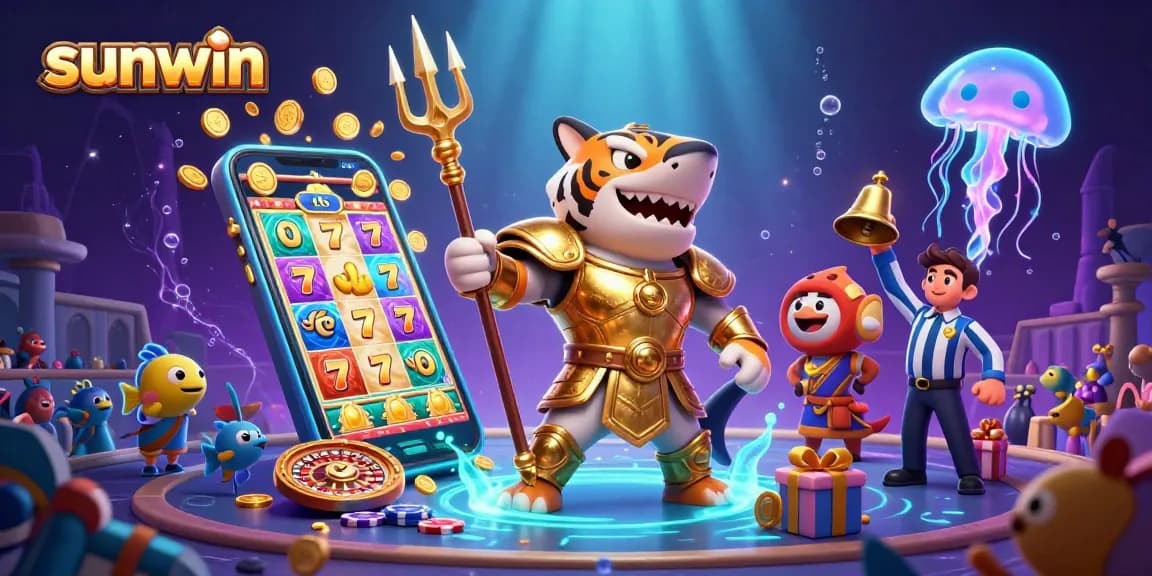 Join the thrilling sunwin adventure with a tiger shark in gladiator armor amidst vibrant slot games and a cheering underwater crowd.