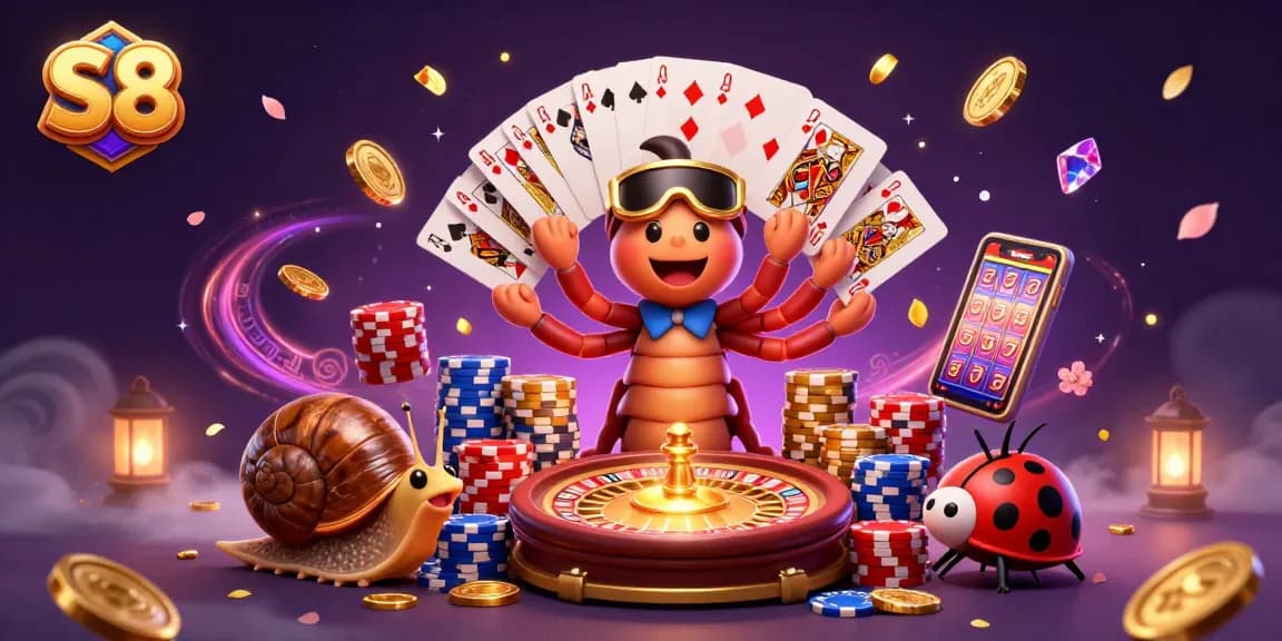 S8 delights players with engaging casino action featuring a cartoon dealer, chip stacks, and colorful poker elements.