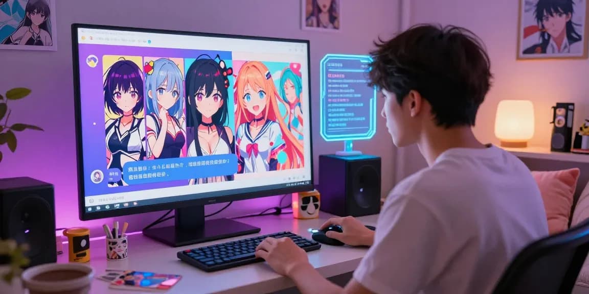Dynamic AI ecchi chat scene with user engaging in vibrant conversation with anime characters in a virtual room, showcasing playful interaction and immersive experience.