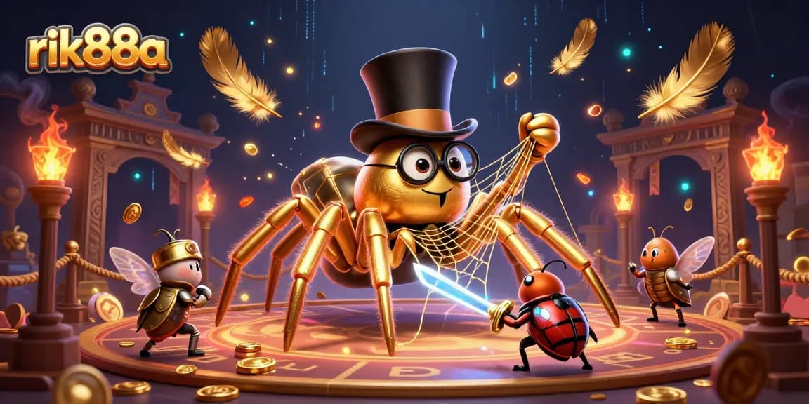 Engage in thrilling gameplay at rik88a with a golden tarantula and beetle knight in a vibrant casino setting.