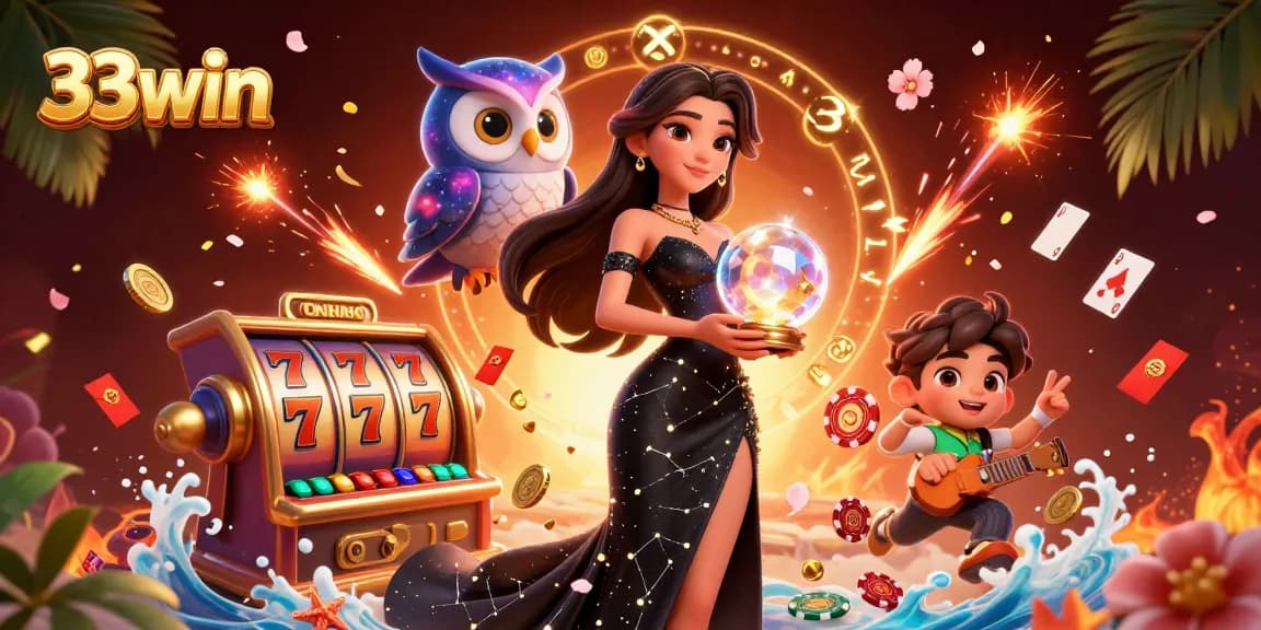 Engage with the thrilling world of 33win, showcasing vibrant casino elements and an enchanting atmosphere.