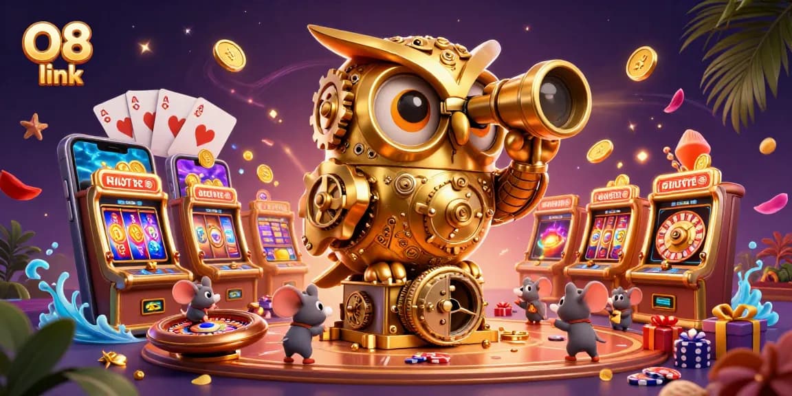 Engage with O8 link as the massive golden owl oversees vibrant casino gameplay.