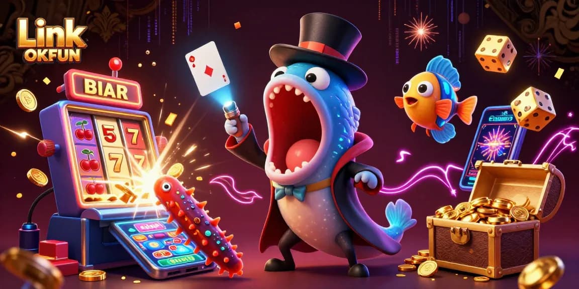 Experience the excitement of Link OKFUN with vibrant characters performing magic alongside rich casino elements.
