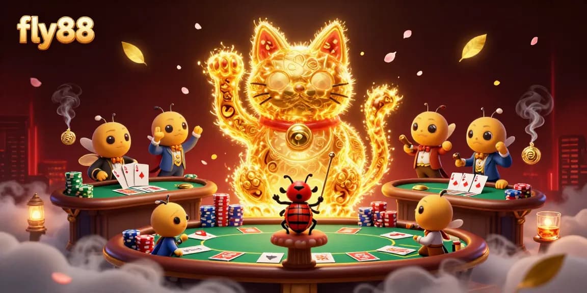 Experience fly88's alluring dynamics with vibrant casino elements and a lucky cat in a rich, animated scene.