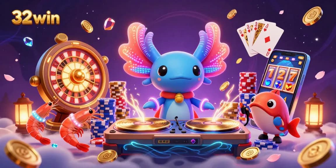 Experience thrilling gameplay with 32win's vibrant casino scene featuring animated characters and sparkling elements.