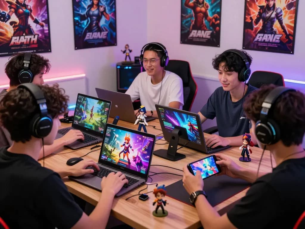 Players enjoying a colorful hentai game on various devices in a cozy gaming environment.