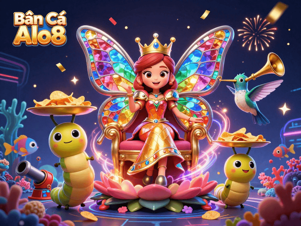 Bắn cá Alo8 game scene featuring enchanting characters and vibrant aquatic elements for lively fishing gameplay.