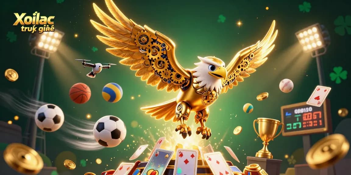 Engage with Xoilac trực tuyến as the cybernetic eagle dives through dynamic sports elements and holographic cards.
