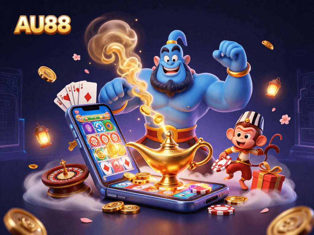 Engage with AU88 through this vibrant scene showcasing a genie, monkey, and casino elements in a magical atmosphere.