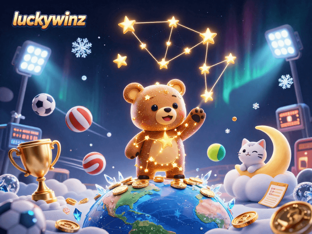 Experience the thrill of luck at luckywinz with a vibrant casino scene featuring dynamic characters and sports elements.