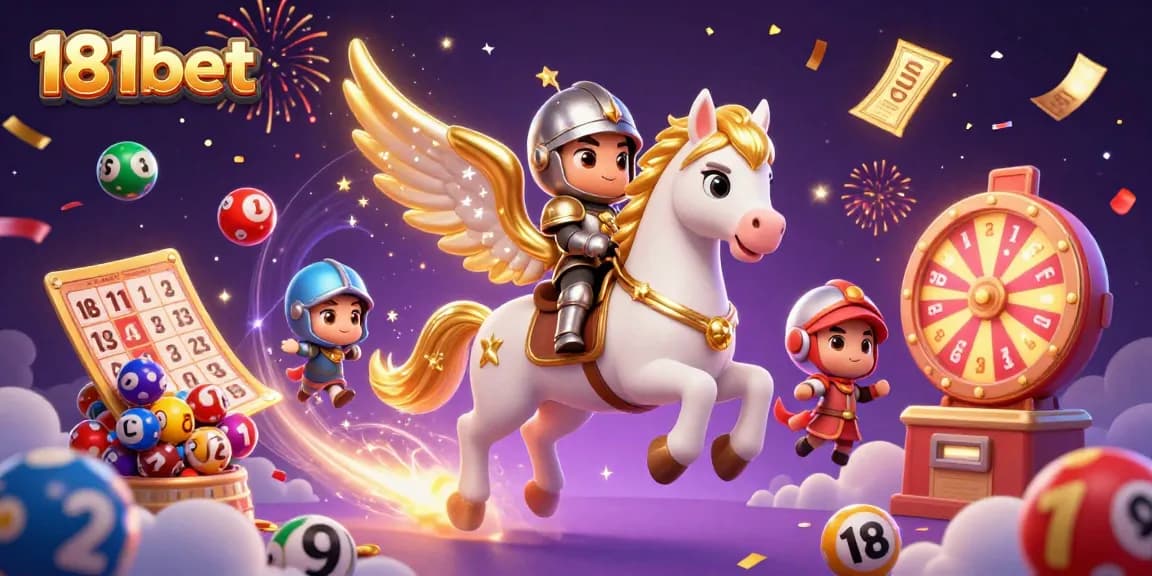 Engaging 181bet action scene featuring a celestial horse, knight, and dynamic lottery elements.