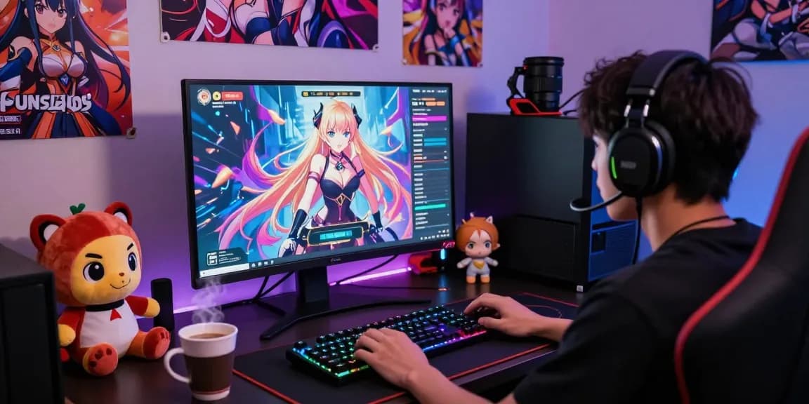 Enjoy hentai games online with an immersive gaming setup featuring anime decor and vibrant visuals.