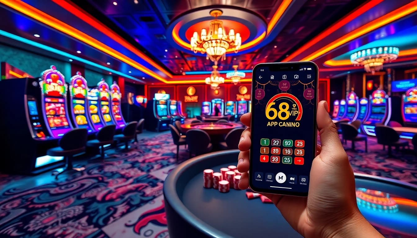 Tải App Nhà Cái 68VIP showcased on a mobile device among luxurious casino elements.