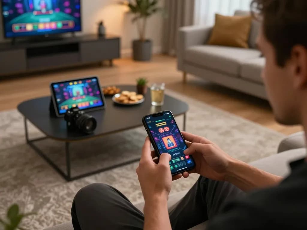 Engaged in mobile gaming at home, navigating trang chủ CM88 for exciting betting options