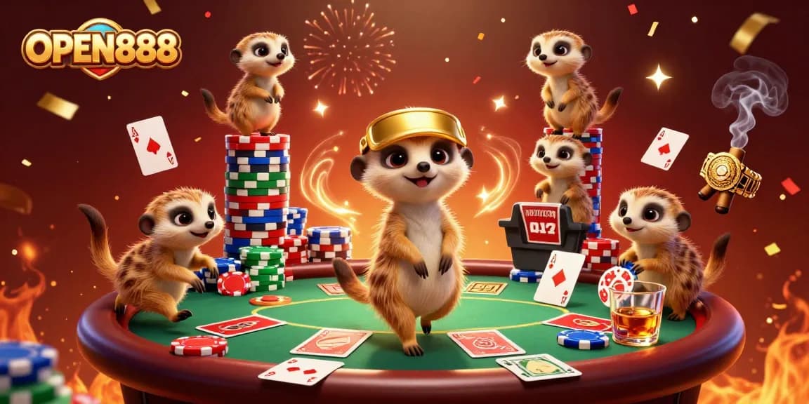 Meerkat casino scene depicting OPEN888 with lively poker elements and dynamic 3D illustration.