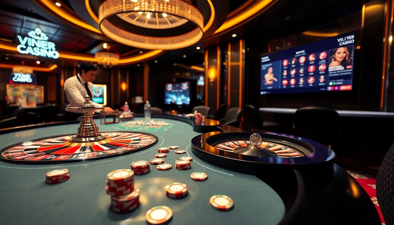 Experience the thrill of gaming at https://vin88qq.com/ with a vibrant casino atmosphere featuring roulette and poker tables.