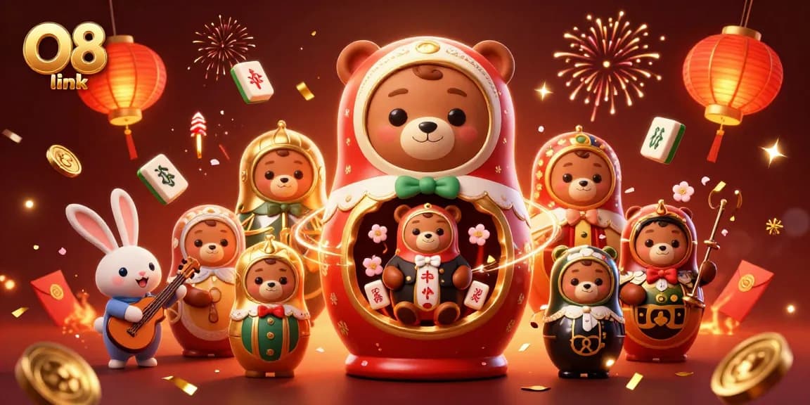 Engage with the exciting O8 link in a vibrant, festive casino atmosphere featuring colorful characters and dynamic game elements.
