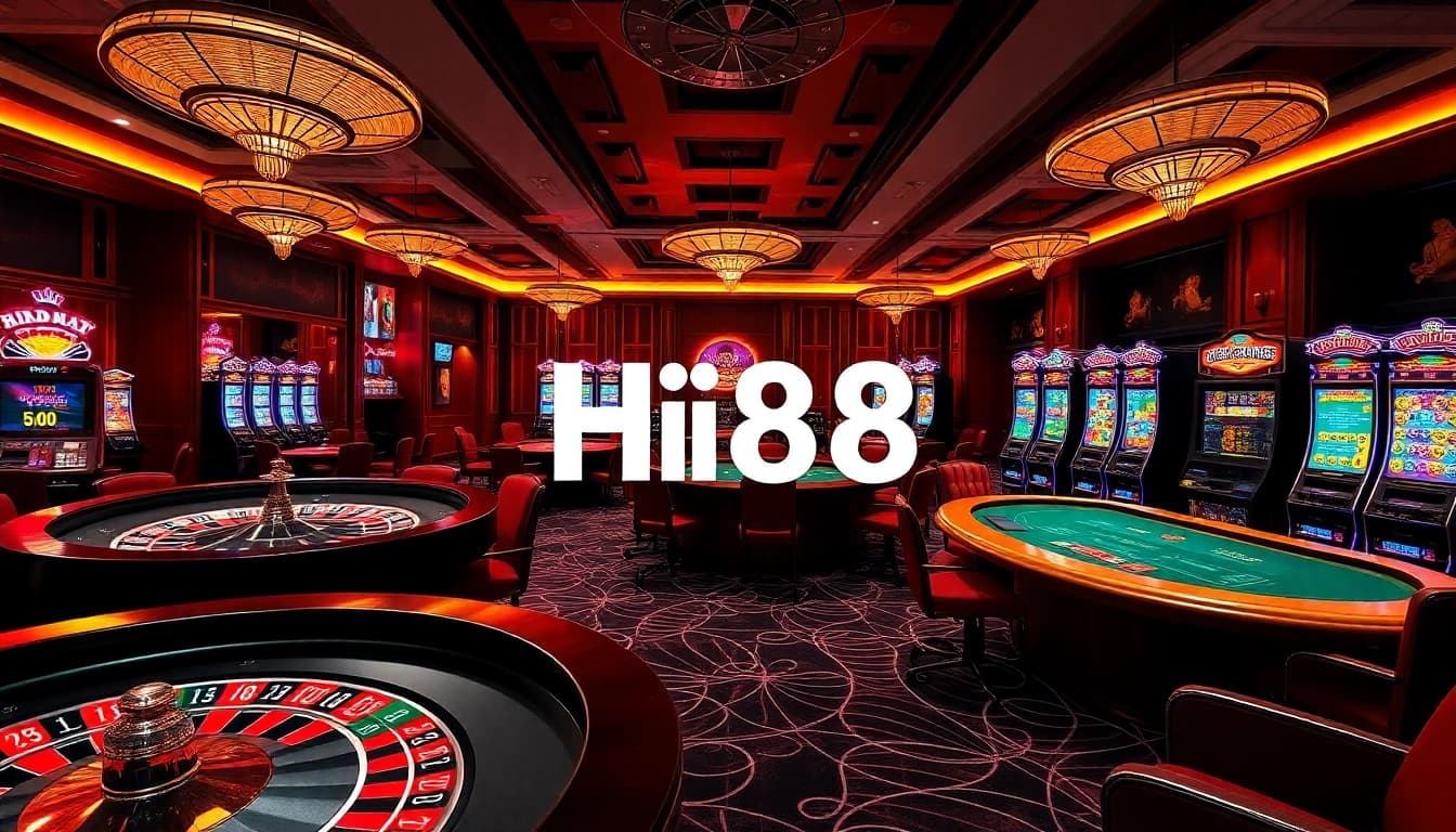 Experience the thrill of Hi88 with vibrant casino visuals highlighting roulette and poker.