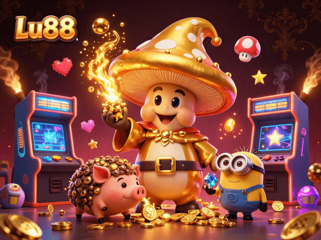 Engage with Lu88's lively gaming world featuring golden wizard and colorful arcade in vibrant action.