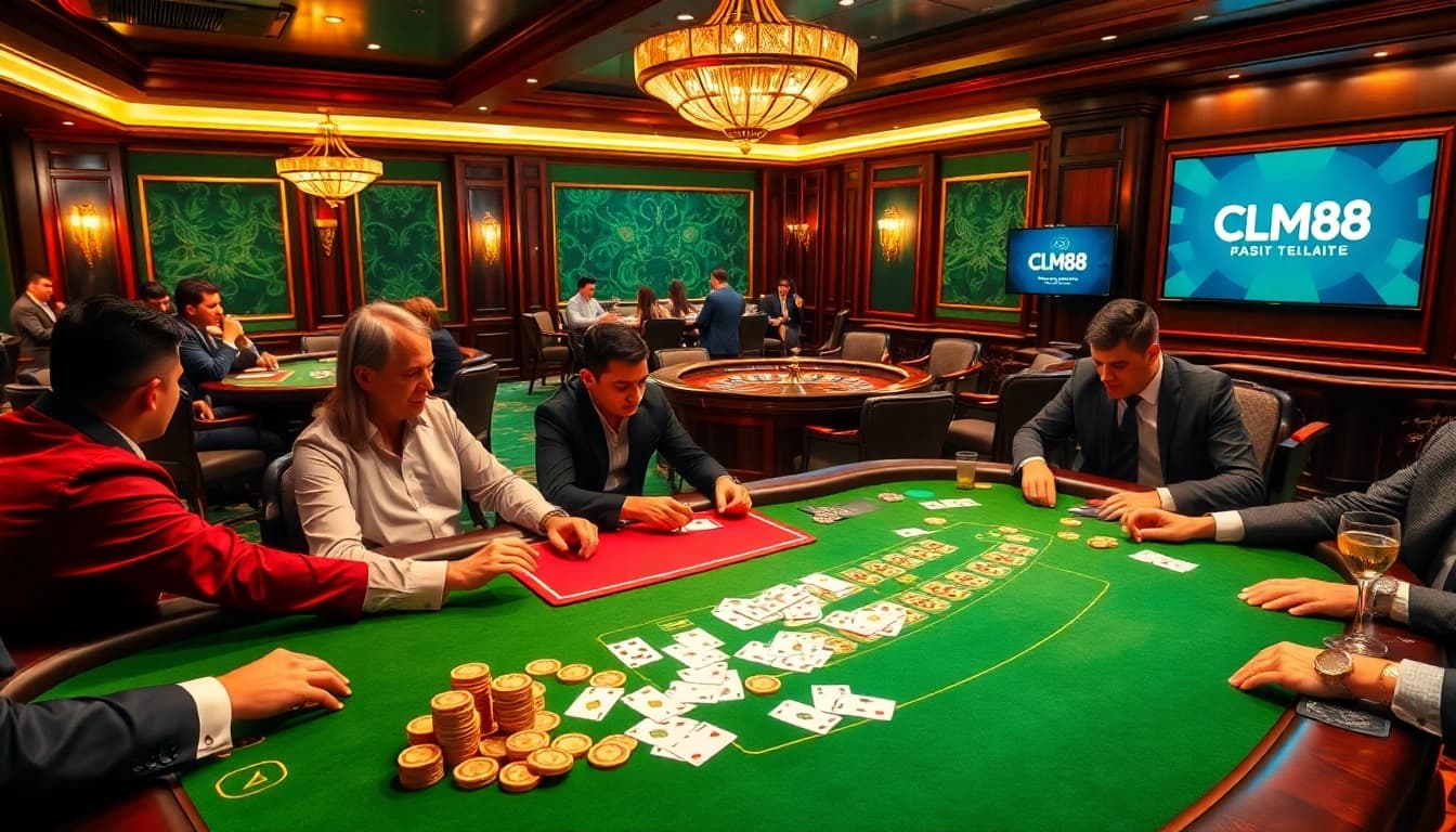 Experience an exciting poker game at CM88 casino, filled with professional players and golden chips.