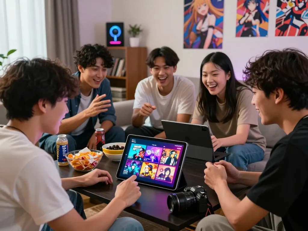 Engaged players enjoying hentai games on a tablet in a lively living room setting.