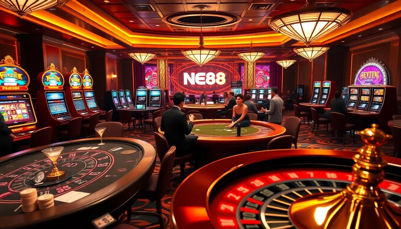 Experience high-stakes gaming at NEW88 casino, featuring poker chips and vibrant slot machines.