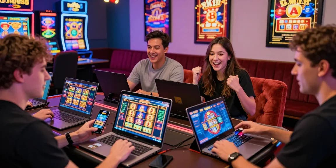 Players enjoying credit card casinos at chps.org.uk with vibrant slot games, modern devices, and festive atmosphere.