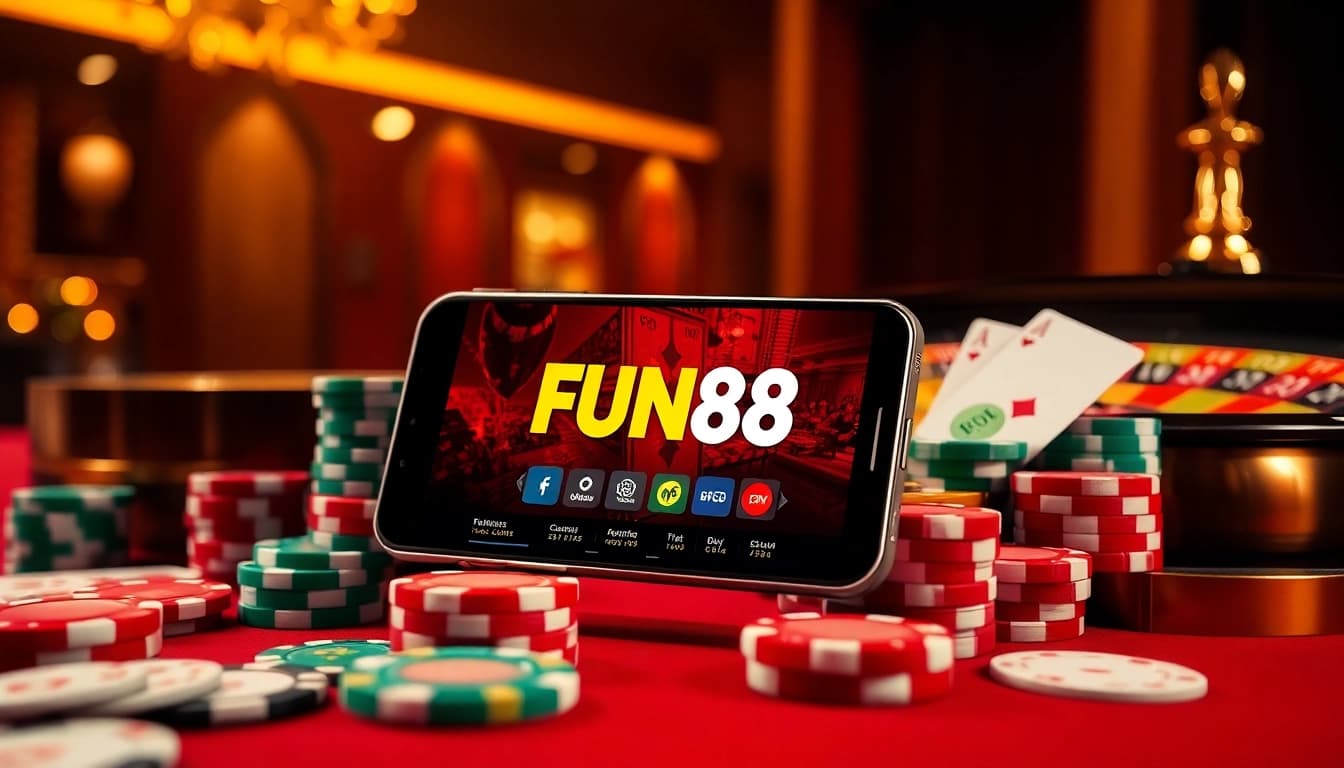Experience the thrill of the FUN88 app with a sleek smartphone surrounded by vibrant casino elements.