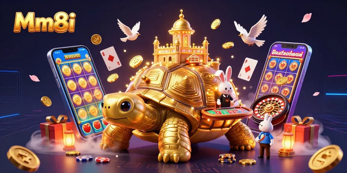 Engage in thrilling casino adventures with Mm8i as golden coins and games surround a whimsical tortoise.