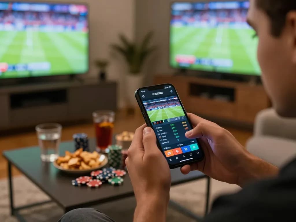 Engage in live sports betting excitement with smartphone at https://bl555.agency/ in cozy home setting.