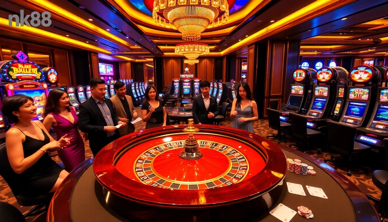 Players enjoying a thrilling game at the nk88 luxury casino's roulette table, surrounded by colorful chips and cards.
