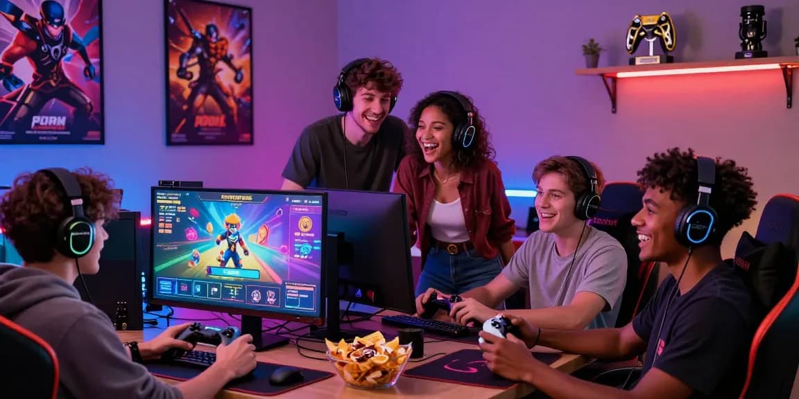 Friends enjoying porn game online in vibrant gaming room atmosphere
