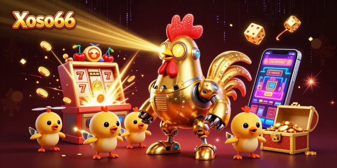 Xoso66 delivers thrilling gaming excitement with a golden rooster robot and baby chick drones amidst a jackpot explosion.