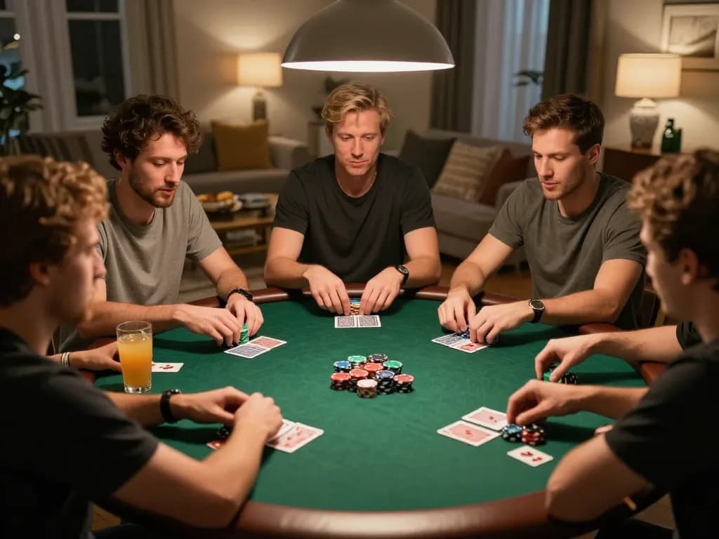 Engaging poker game night with friends showcasing strategic gameplay at max 79 home setting.