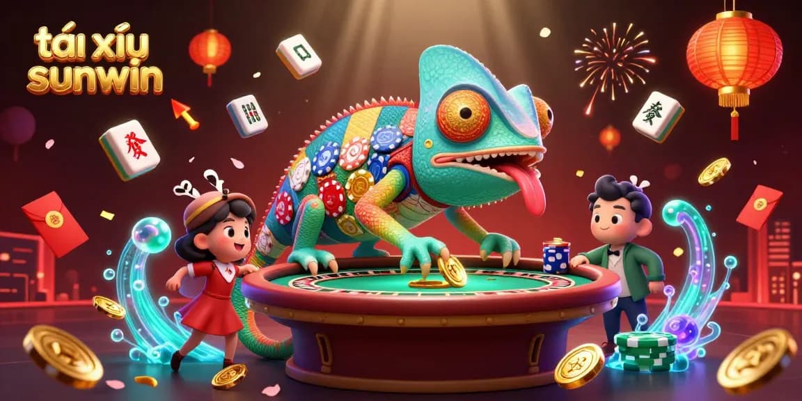 Experience the thrill of tài xỉu sunwin as the chameleon casino owner captures golden coins amidst dynamic gambling elements.