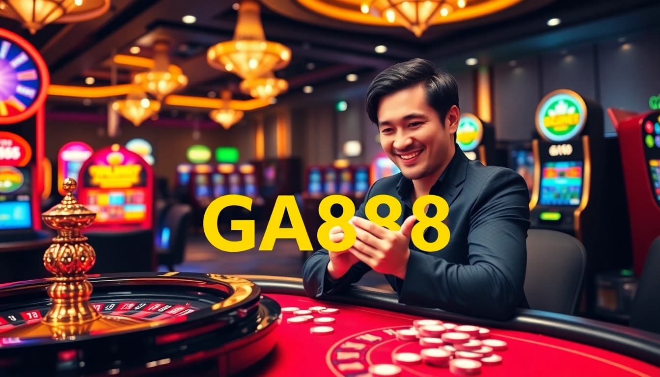 GA888 online casino interface with poker tables, slot machines, and happy gamblers.