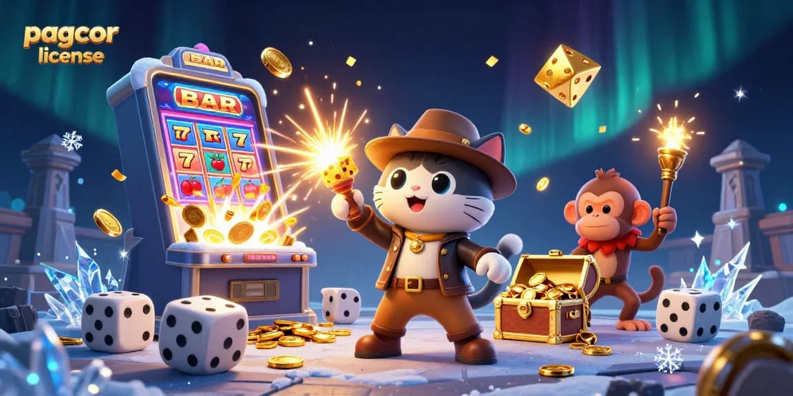 Experience the thrill of pagcor license certified games with an explorer cat uncovering treasures in a casino.