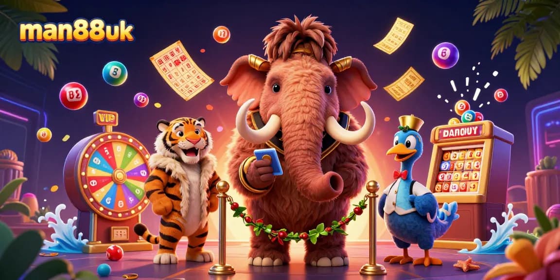 Engage with man88uk's vibrant casino scene featuring dynamic lottery elements and playful characters.