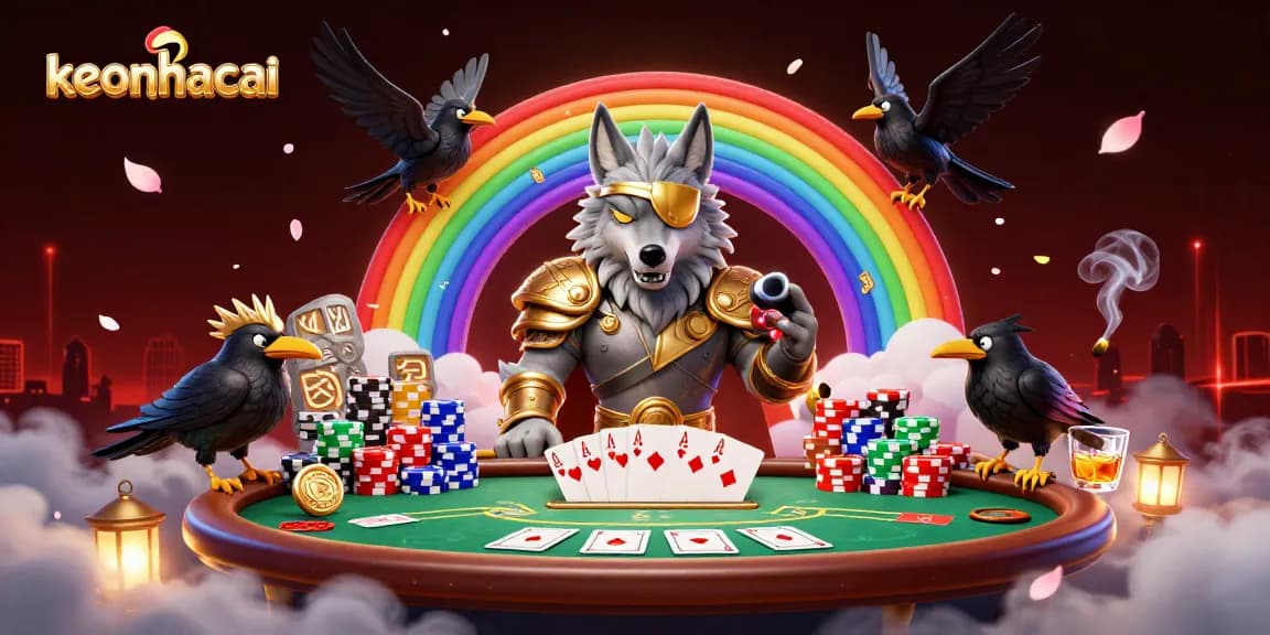 Experience keonhacai with dynamic poker action, featuring mythical characters and casino elements.